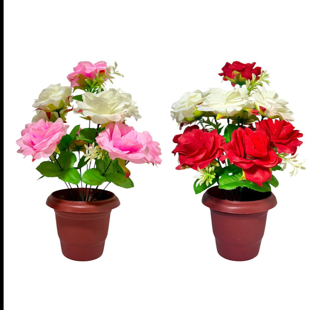 Artificial Rose Flower Plant with Pot – Decorative Tabletop Home & Office Décor (38 cm, Set of 2)