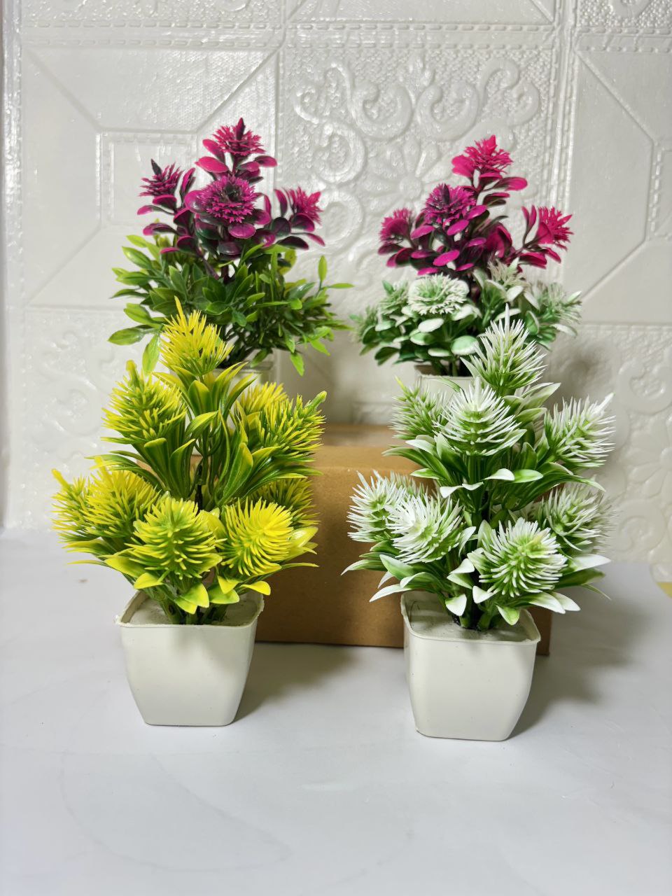 Set of 4 Artificial Flower Plants with White Pot – Decorative Tabletop Bonsai for Home & Office Décor (Height 20 cm)