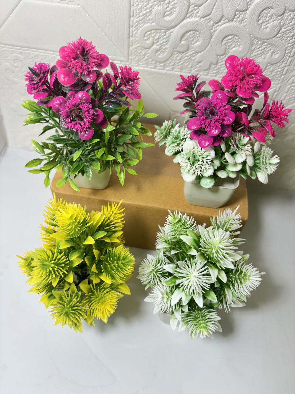 Set of 4 Artificial Flower Plants with White Pot – Decorative Tabletop Bonsai for Home & Office Décor (Height 20 cm)